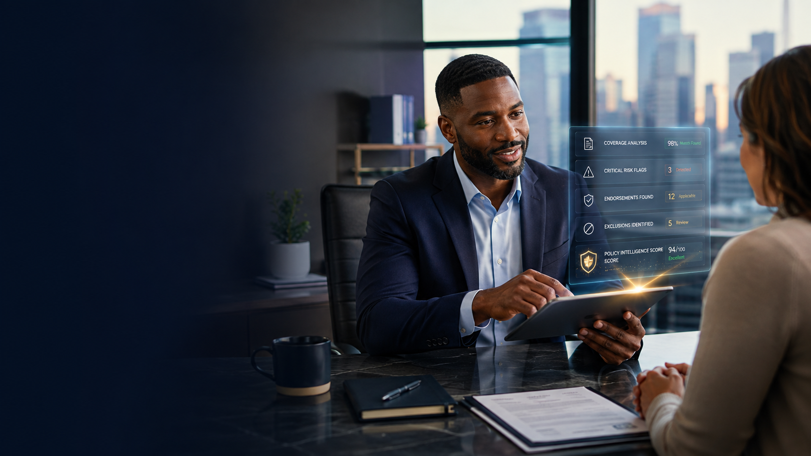 Public adjuster reviewing an MPAI policy intelligence summary with a client